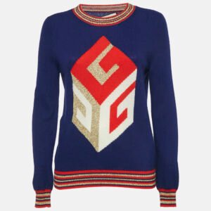 Gucci Navy Blue Intarsia Cube Lurex Wool Blend Knit Long Sleeve Sweater M