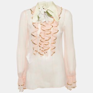 Gucci Pink Sequin Ruffled Silk Floral Detail Sheer Shirt M