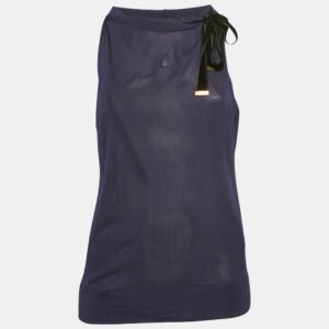 Gucci Navy Blue Jersey Tie-Up Neck Detail Top M