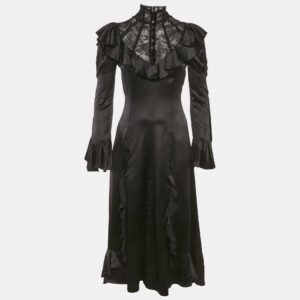 Gucci Black Lace Trim Satin Ruffled Midi Dress S