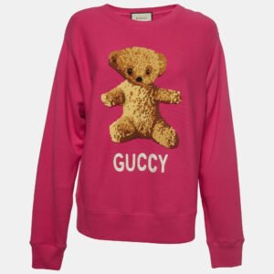 Gucci Pink Cotton Knit Embroidered Teddy Sweatshirt M