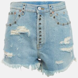 Gucci Blue Distressed Denim Embellished Shorts M Waist 29"