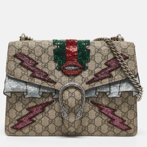 Gucci Beige GG Supreme Canvas and Suede Medium Crystal/Sequins Embellished Dionysus Shoulder Bag