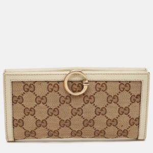 gucci white/beige gg canvas and leather icon bit flap continental wallet