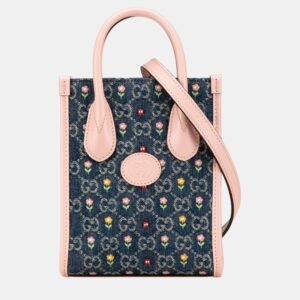 Gucci Blue & Pink Mini GG Denim Interlocking G Flowers Tote Bag
