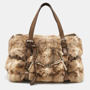 gucci beige/brown leather and rabbit fur 85th anniversary handle bag