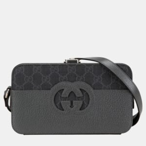 Gucci Grey GG Supreme Canvas and Leather Cut Out Interlocking G Crossbody Bag