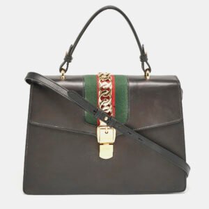luxury-women-gucci-used-handbags-p1141022-021 Gucci Black Leather Medium Web Sylvie Top Handle Bag