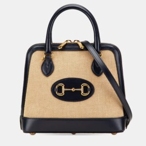 Gucci Beige Black Small Canvas Horsebit 1955 Satchel