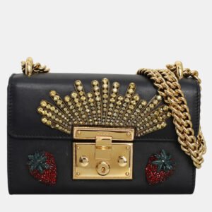 Gucci Black Embellished Leather Strawberry Small Padlock Shoulder Bag