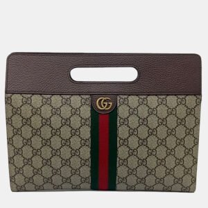 Gucci Beige Brown Canvas and Leather Ophidia handle clutch bag