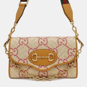 Gucci Beige Yellow Raffia Leather Horsebit Shoulder Bag