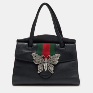 Gucci Black Leather Medium Web Butterfly Embellished Medium Linea Totem Tote