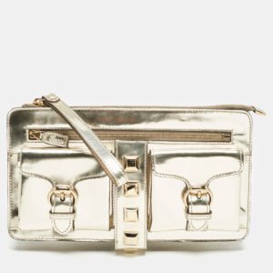 Gucci Gold Patent Leather Studded Wristlet Zip Clutch