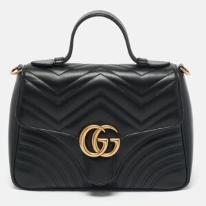 Gucci Black Matelasse Leather Medium GG Marmont Top Handle Bag