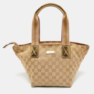 Gucci Beige/Gold GG Canvas and Patent Leather Small Web Tote