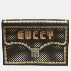 Gucci Black/Gold Leather Printed GUCCY Portfolio Clutch