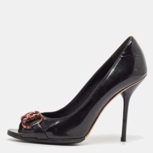 Gucci Black Patent Leather Horsebit Peep Toe Pumps Size 37