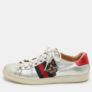 Gucci Silver Leather Ace Low Top Sneakers Size 39.5