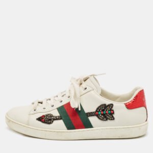 Gucci White Leather Embellished Arrow Ace Sneakers Size 35