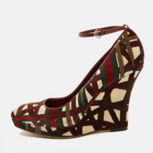 Gucci Multicolor Pattern Velvet Platform Wedge Pumps Size 39.5