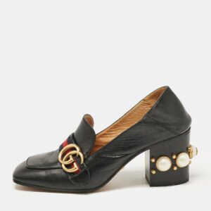 Gucci Black Leather GG Pearl Studded Loafer Pumps Size 37.5