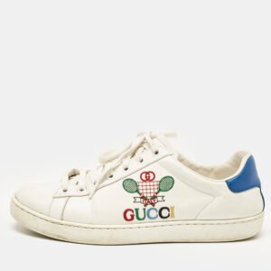 Gucci White/Blue Leather Tennis Embroidered Low Top Sneakers Size 37.5