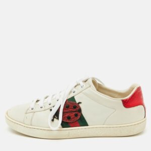 Gucci White/Red Leather and Snake Embossed Leather Ace Pineapple Sneakers Size 36