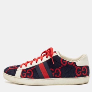 Gucci Navy Blue/White Leather and Velvet GG Ace Lace Up Sneakers Size 40