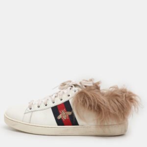 Gucci White Leather Fur Lined Bee Embroidered Web Ace Low Top Sneakers Size 37.5