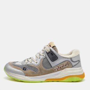 Gucci Silver/Brown Leather and Mesh Ultrapace Low Top Sneakers Size 37.5