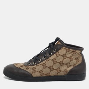 Gucci Brown/Beige GG Canvas and Leather Lace Up High Top Sneakers Size 35