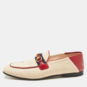 Gucci Beige/Brown Canvas and Leather Horsebit Brixton Loafers Size 37.5