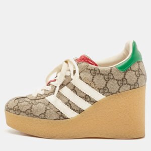 Gucci X Adidas Beige/Brown GG Supreme Canvas Gazelle Wedge Sneakers Size 34