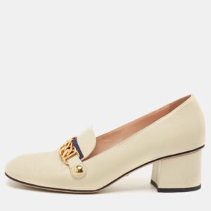 Gucci Cream Leather Sylvie Chain Embellished Block Heel Pumps Size 38.5
