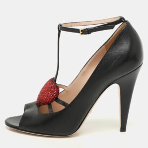 luxury-women-gucci-used-shoes-p1139889-006 Gucci Black Leather Molina Embellished T-Strap Pumps Size 38.5