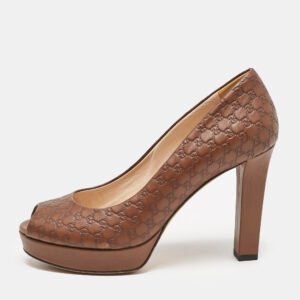 luxury-women-gucci-used-shoes-p1140646-003 Gucci Brown Monogram Leather Peep Toe Pumps Size 37.5