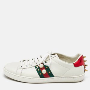 Gucci White Leather and Python Embossed Leather New Ace Lace Up Sneakers Size 38.5