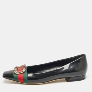 Gucci Black Patent Leather Web Ballet Flats Size 37