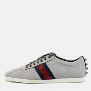 Gucci Silver Glitter Bambi Web Studded Low Top Sneakers Size 40
