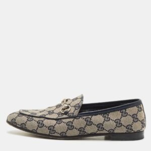 Gucci Beige/Blue GG Canvas and Leather Jordaan Horsebit Loafers Size 37