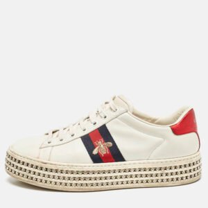 Gucci White Leather Embroidered Bee Crystal Embellished Platform New Ace Sneakers Size 39.5