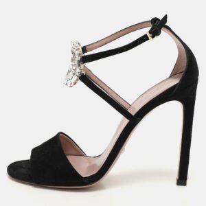 Gucci Black Suede Crystal Embellished GG Interlock Ankle Strap Sandals Size 36