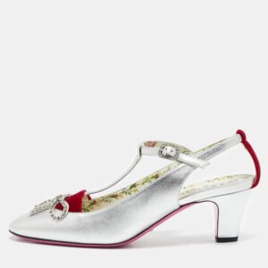 Gucci Silver/Red Leather and Velvet Anita Pumps Size 39.5