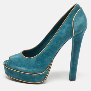 Gucci BlueGold Leather and Suede Peep Toe Pumps Size 39