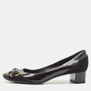 Gucci Black Patent Leather Horsebit Block Heel Pumps Size 38