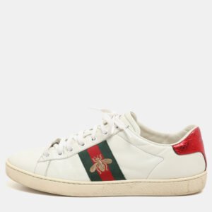 Gucci White Leather Embroidered Bee Ace Low Top Sneakers Size 37.5