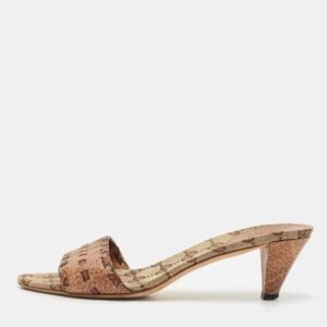 Gucci Brown Leather and GG Canvas Slide Sandals Size 37.5