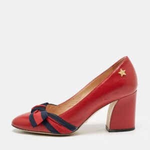 luxury-women-gucci-used-shoes-p1152370-006 Gucci Red Leather Web Bow Block Heel Pumps Size 36.5