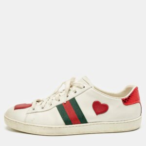 gucci white leather ace web heart detail lace up sneaker size 41